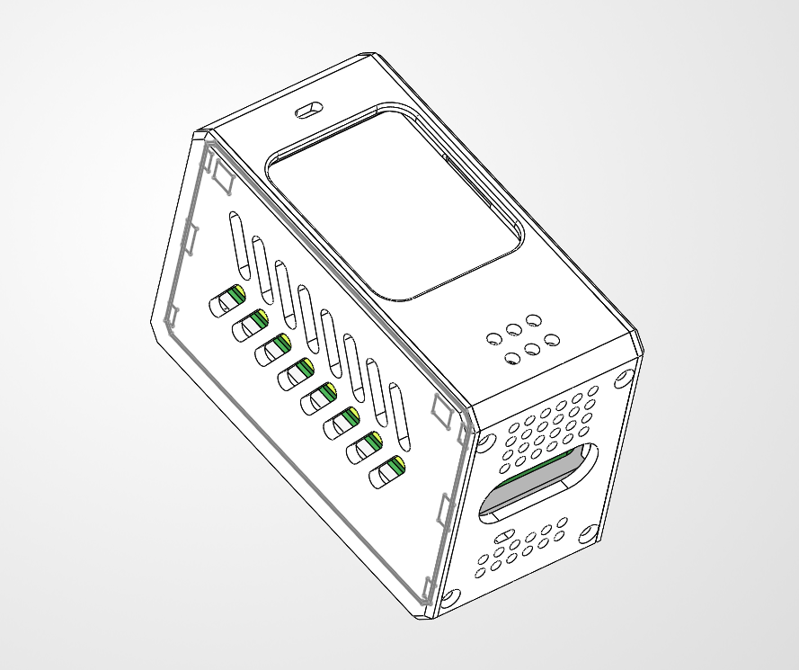 CAD model of the chatbot enclosure, showing the angled display opening, side slots, and front cutouts.