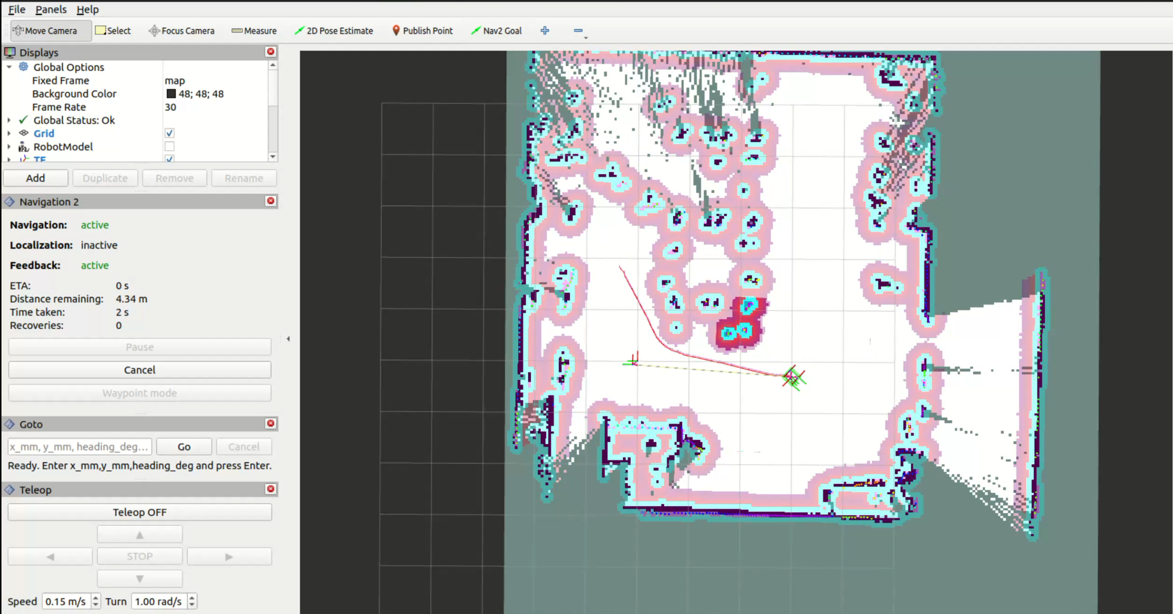 RViz2 with the custom Goto/Teleop panels: goal just sent, global plan visible across the mapped room