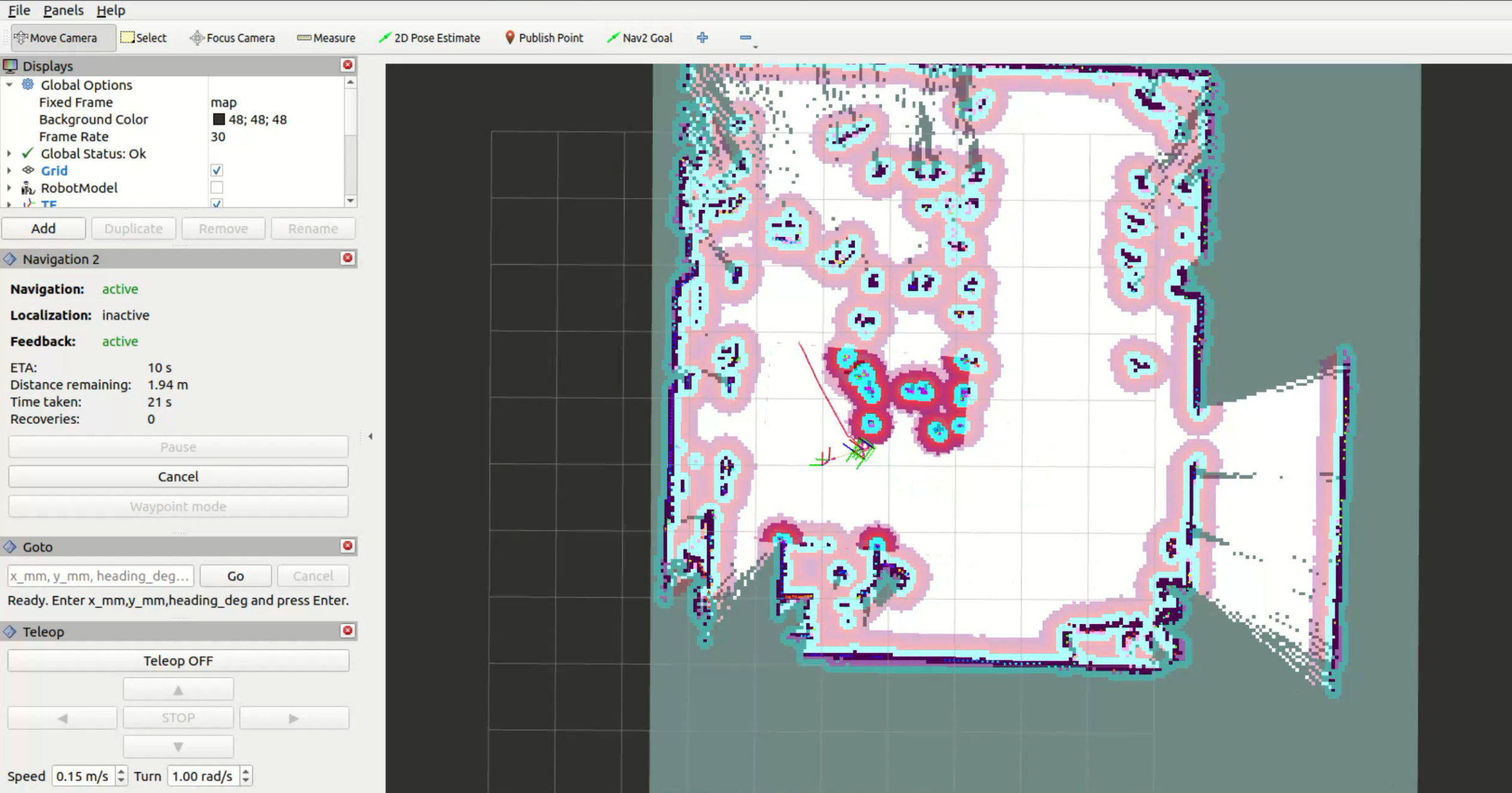 RViz2 mid-route: Nav2 threading between obstacle clusters, tracked live through the custom Goto/Teleop panels