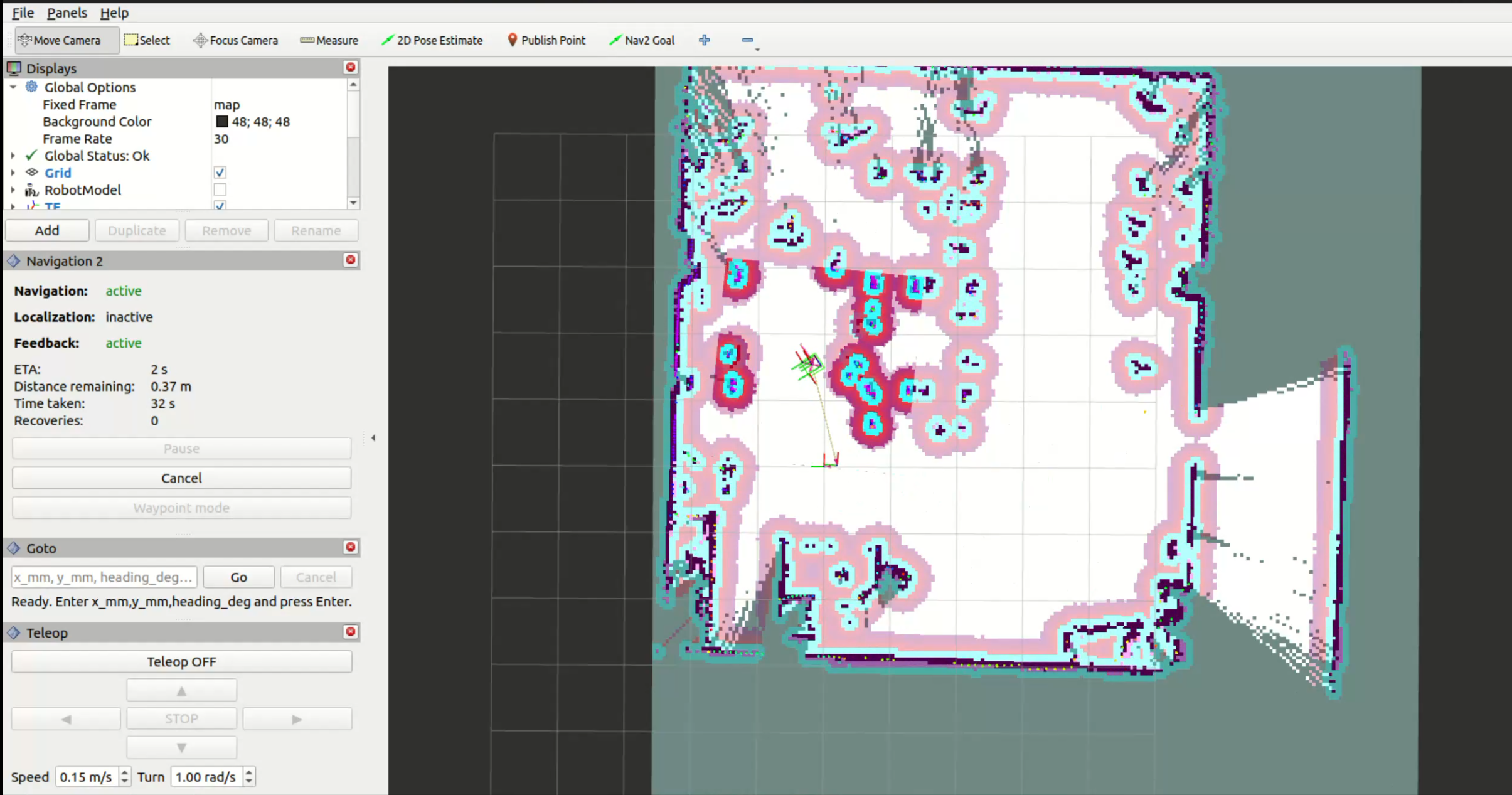 Final approach after two local-costmap recoveries, closing in on the goal pose